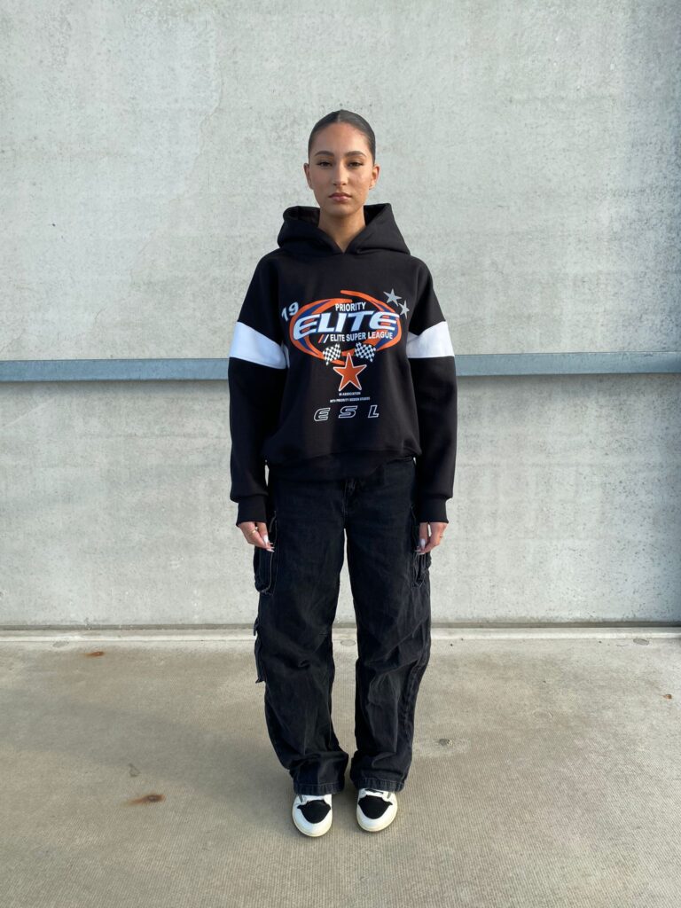 ELITE SUPER LEAGE HOODIE – BLACK WITH ORANGE PRINT – 420 GSM – MOTORSPORT AW23
