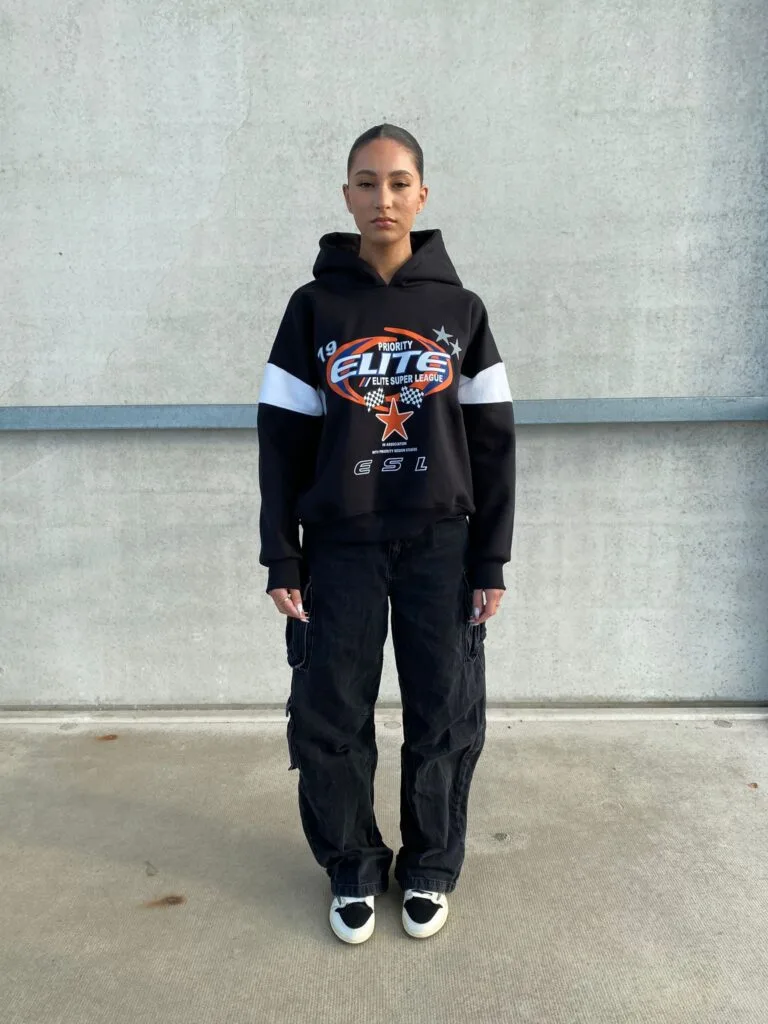 ELITE SUPER LEAGE HOODIE – BLACK WITH ORANGE PRINT – 420 GSM – MOTORSPORT AW23