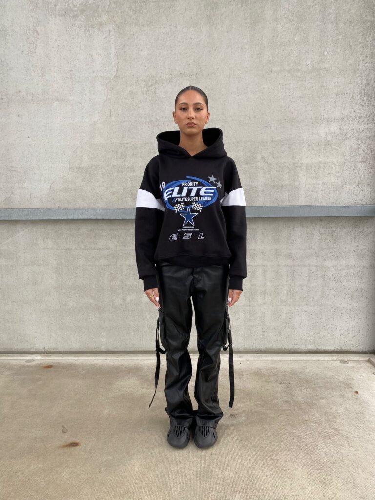 ELITE SUPER LEAGE HOODIE – BLACK WITH BLUE PRINT – 420 GSM – MOTORSPORT  AW23