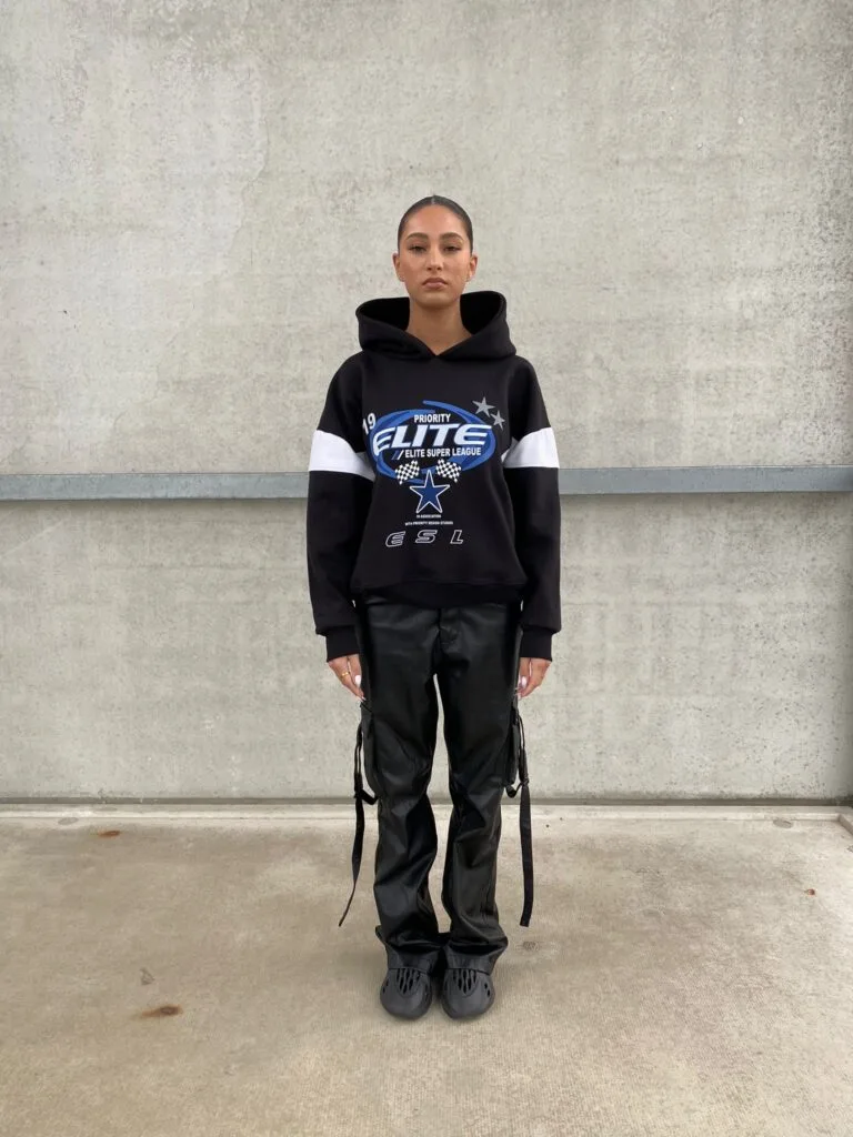 ELITE SUPER LEAGE HOODIE – BLACK WITH BLUE PRINT – 420 GSM – MOTORSPORT  AW23