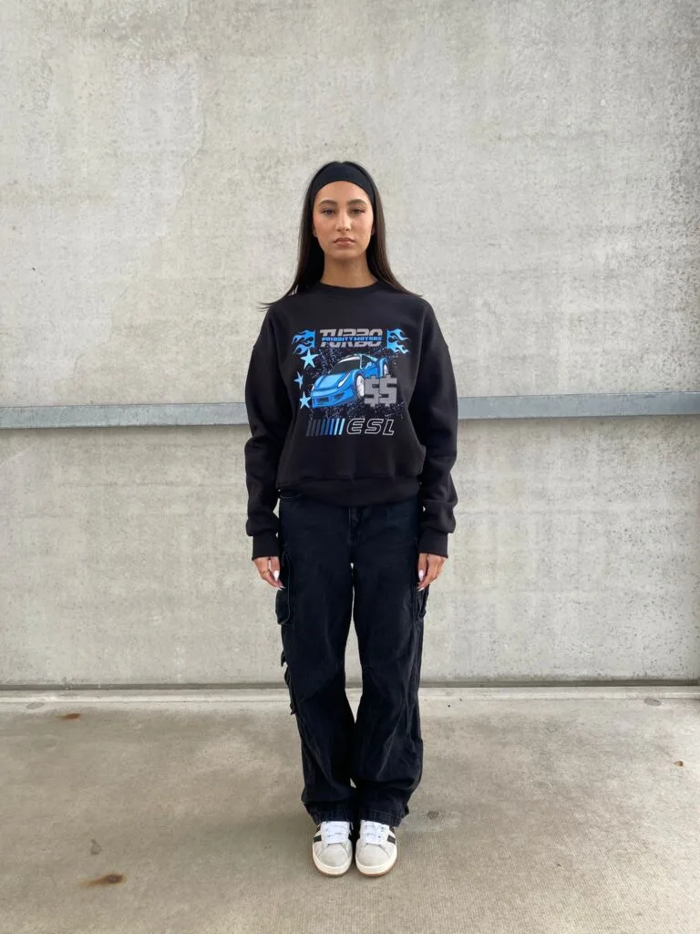 TURBO MOTORS SWEATER – BLACK WITH BLUE PRINT – 420 GSM – MOTORSPORT AW23