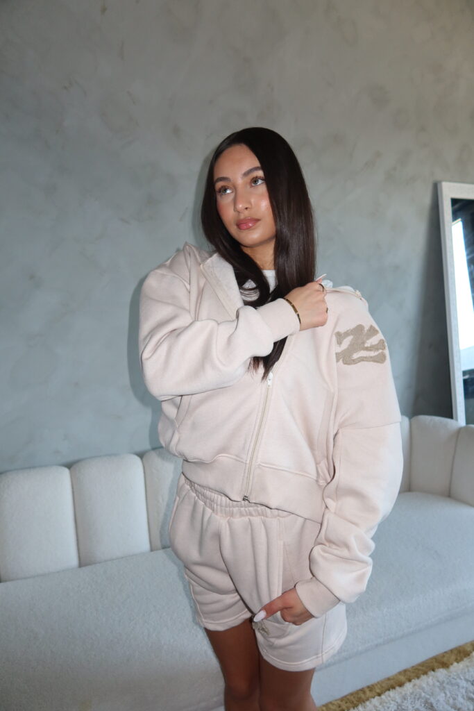 NY SUMMER TRACKSUIT – DISTRESSED DENIM PATCHES – BEIGE